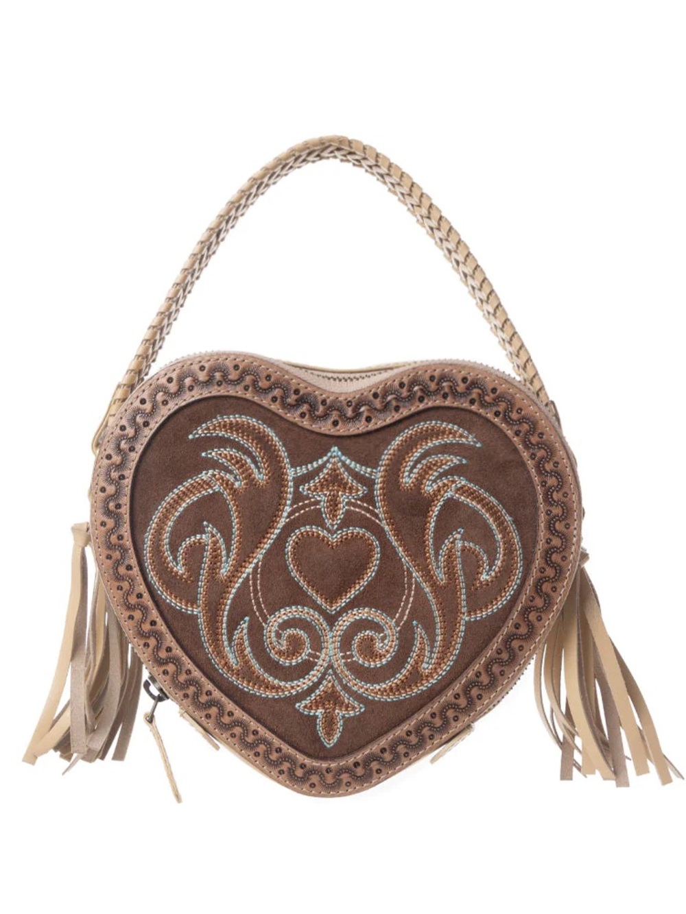 Brown Heart-Shaped Embroidered Suede Shoulder Bag